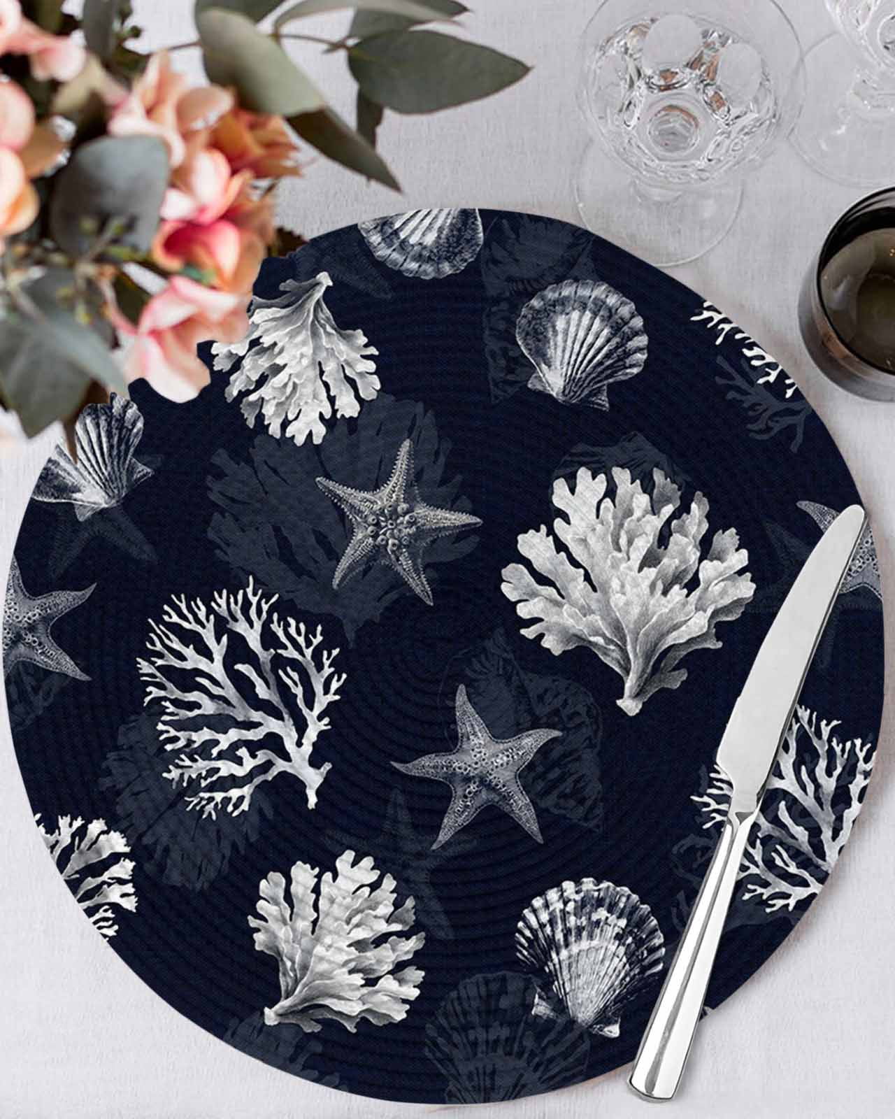 13 Inch Round Placemats Set of 6, Coastal Coral Non Slip Heat ...