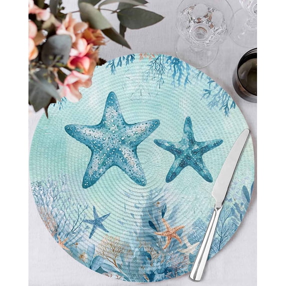 13 Inch Round Placemats Set of 6, Coastal Starfish Blue Non Slip Heat Insulation PP Table Mats, Summer Beach Nautical Coral Washable Place Mats for Kitchen Dining Party Table Decor