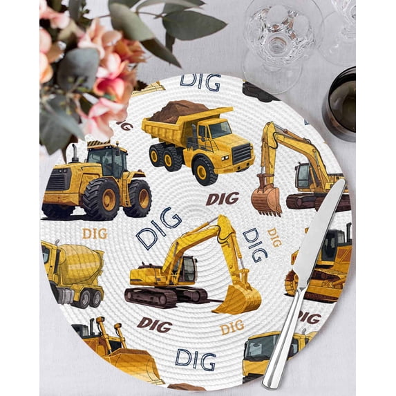 13 Inch Round Placemats Set of 6, Construction Truck Non Slip Heat Insulation PP Table Mats, Cartoon Grips and Bulldozers Stirrup Car Washable Place Mats for Kitchen Dining Party Table Decor