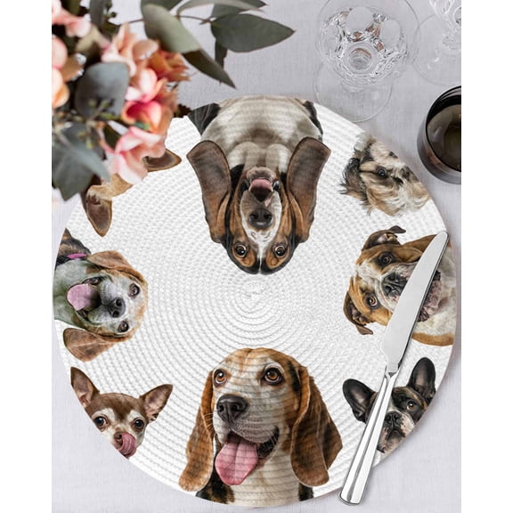 13 Inch Round Placemats Set of 6, Cute Dogs Non Slip Heat Insulation PP Table Mats, Animals Gypsies Bulldog Cattledogs Modern Art Washable Place Mats for Kitchen Dining Party Table Decor