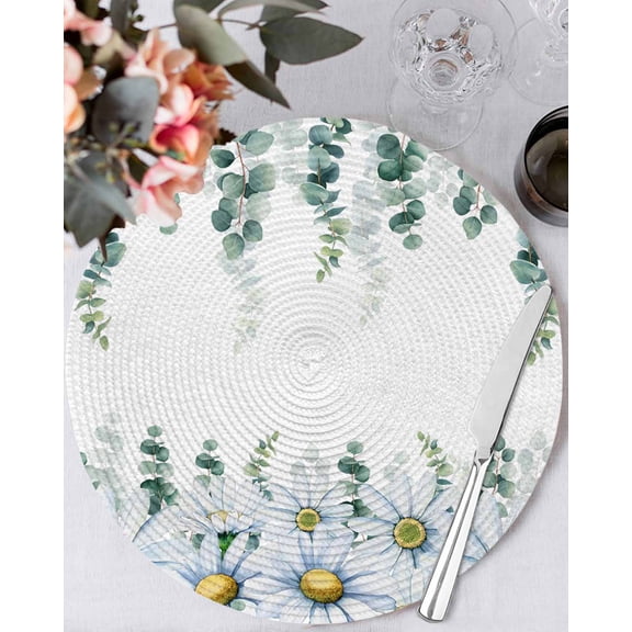 13 Inch Round Placemats Set of 6, Daisy Eucalyptus Non Slip Heat Insulation PP Table Mats, Farmhouse Weeping Botanical Washable Place Mats for Kitchen Dining Party Table Decor
