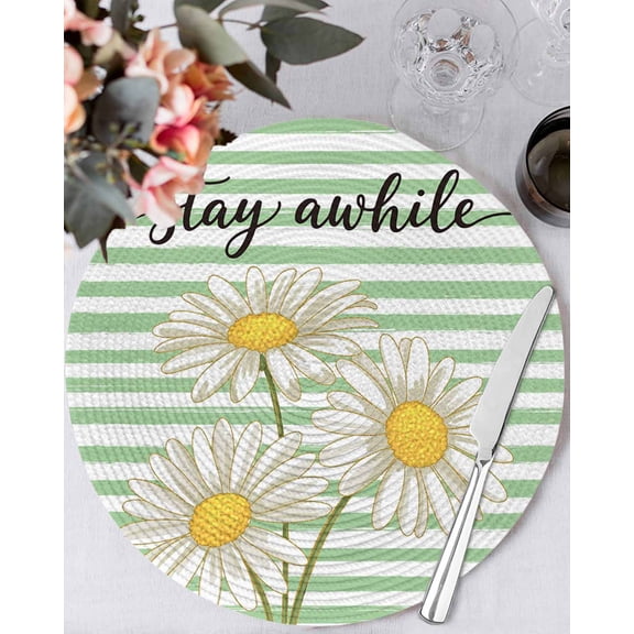13 Inch Round Placemats Set of 6, Daisy Flower Non Slip Heat Insulation PP Table Mats, Watercolor Farmhouse Country Floral Stripe Washable Place Mats for Kitchen Dining Party Table Decor