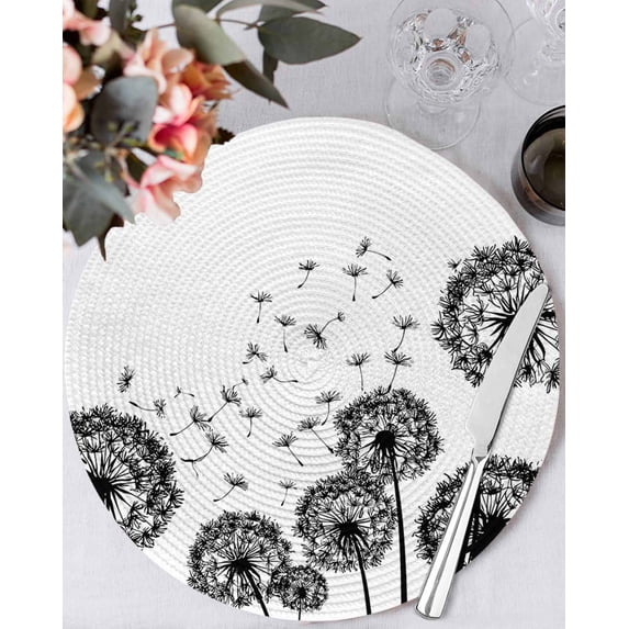 13 Inch Round Placemats Set of 6, Dandelion Non Slip Heat Insulation PP Table Mats, Black White Modern Country Rustic Plants Washable Place Mats for Kitchen Dining Party Table Decor