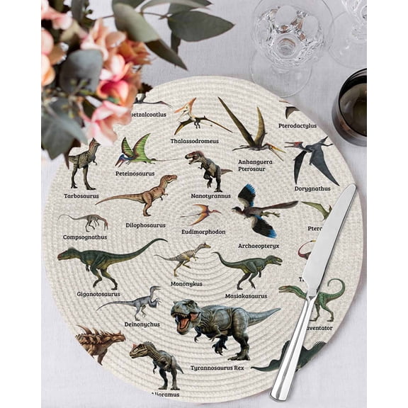 13 Inch Round Placemats Set of 6, Dinosaurs Non Slip Heat Insulation PP Table Mats, Natural Primitive Wild Animals Beige Washable Place Mats for Kitchen Dining Party Table Decor