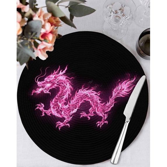 13 Inch Round Placemats Set of 6, Dragon Flames Non Slip Heat Insulation PP Table Mats, Purple Dragons Abstract Modern Art Washable Place Mats for Kitchen Dining Party Table Decor
