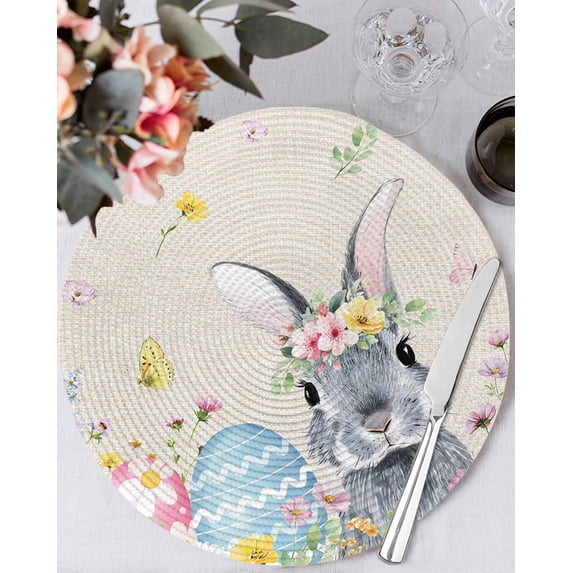 13 Inch Round Placemats Set of 6, Easter Bunny Non Slip Heat Insulation PP Table Mats, Blue Easter Eggs Spring Floral Linen Washable Place Mats for Kitchen Dining Party Table Decor
