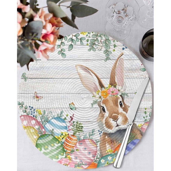 13 Inch Round Placemats Set of 6, Easter Bunny Non Slip Heat Insulation PP Table Mats, Colorful Easter Eggs Eucalyptus Grey Wooden Washable Place Mats for Kitchen Dining Party Table Decor