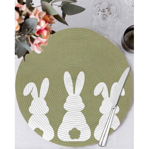 13 Inch Round Placemats Set of 6, Easter Bunny Non Slip Heat Insulation PP Table Mats, Cute Rabbit Family Vintage Green Abstract Washable Place Mats for Kitchen Dining Party Table Decor