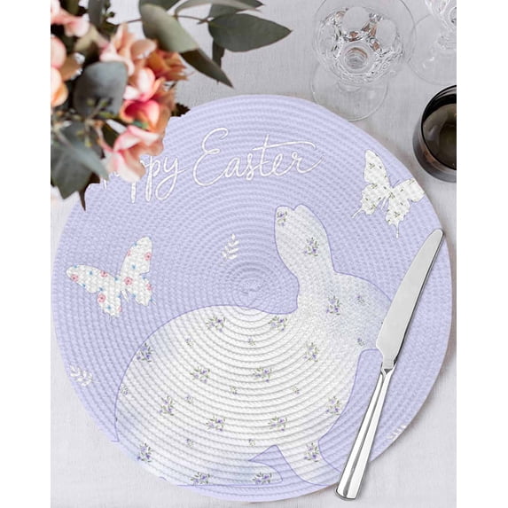 13 Inch Round Placemats Set of 6, Easter Bunny Non Slip Heat Insulation PP Table Mats, Watercolor Butterfly Cute Rabbit Flowers Purple Washable Place Mats for Kitchen Dining Party Table Decor