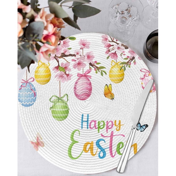 13 Inch Round Placemats Set of 6, Easter Eggs Non Slip Heat Insulation PP Table Mats, Butterfly Flowers Spring Watercolor Branch Floral Washable Place Mats for Kitchen Dining Party Table Decor