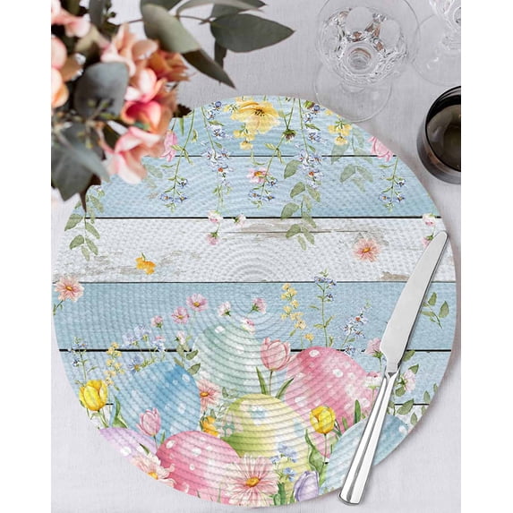 13 Inch Round Placemats Set of 6, Easter Eggs Non Slip Heat Insulation PP Table Mats, Spring Daisy Eucalyptus Leaves Light Blue Wood Washable Place Mats for Kitchen Dining Party Table Decor