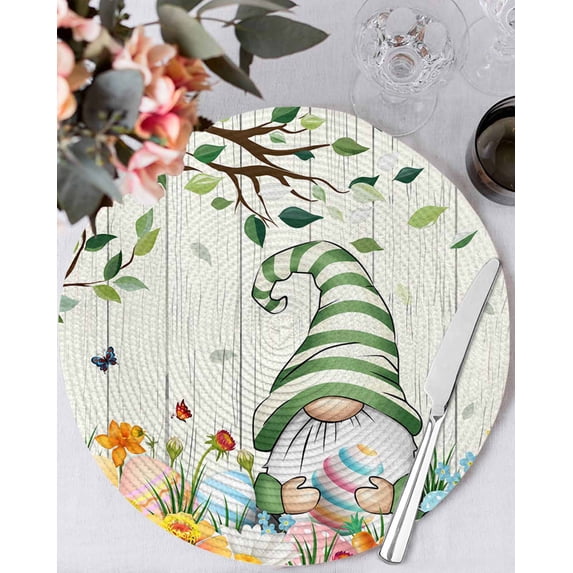 13 Inch Round Placemats Set of 6, Easter Gnomes Non Slip Heat Insulation PP Table Mats, Spring Watercolor Eggs Flower Wood Grain Washable Place Mats for Kitchen Dining Party Table Decor