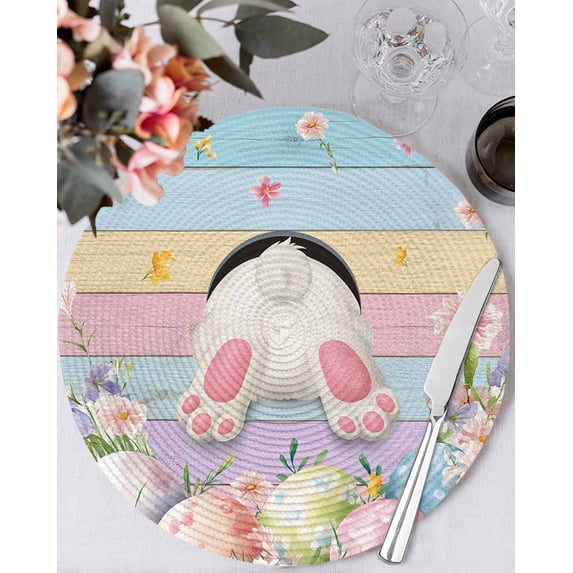 13 Inch Round Placemats Set of 6, Easter Non Slip Heat Insulation PP Table Mats, Colorful Wooden Grain Easter Bunny Eggs Farmhouse Flower Washable Place Mats for Kitchen Dining Party Table Decor