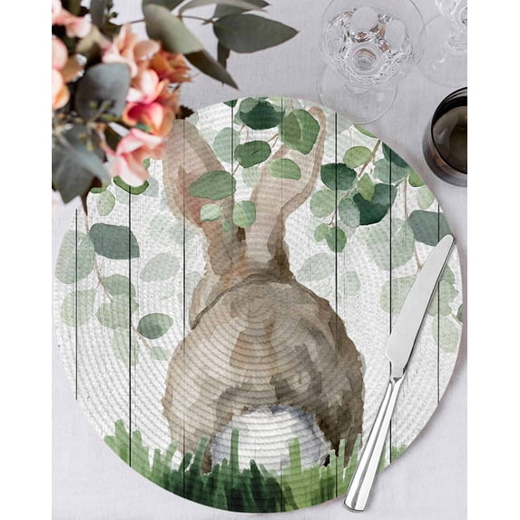 13 Inch Round Placemats Set of 6, Easter Non Slip Heat Insulation PP Table Mats, Country Rabbit Botanical Leaves Wooden Grain Washable Place Mats for Kitchen Dining Party Table Decor