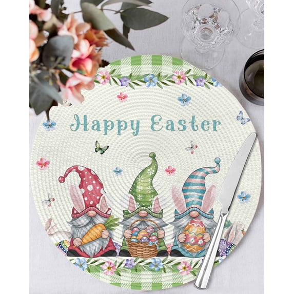 13 Inch Round Placemats Set of 6, Easter Non Slip Heat Insulation PP Table Mats, Funny Bunny Ear Gnomes Colorful Eggs Flowers Plaid Washable Place Mats for Kitchen Dining Party Table Decor