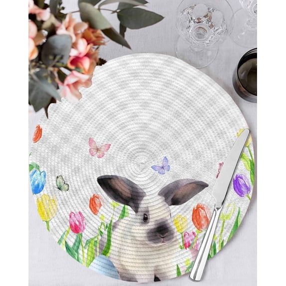 13 Inch Round Placemats Set of 6, Easter Non Slip Heat Insulation PP Table Mats, Spring Botanical Rabbit Butterfly Floral Grey Plaid Washable Place Mats for Kitchen Dining Party Table Decor