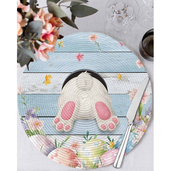 13 Inch Round Placemats Set of 6, Easter Non Slip Heat Insulation PP Table Mats, Spring Bunny Feet Flowers Eggs Blue Wooden Grain Washable Place Mats for Kitchen Dining Party Table Decor