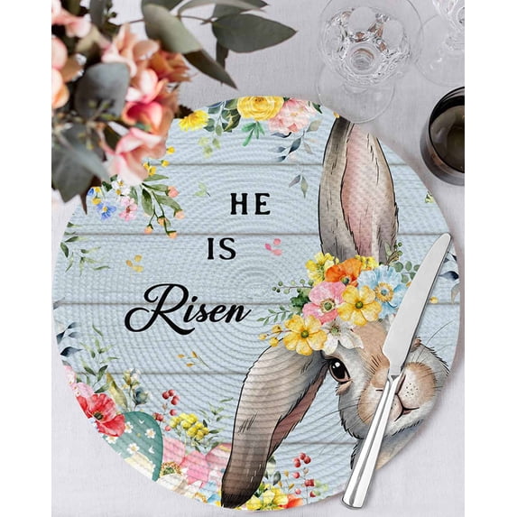 13 Inch Round Placemats Set of 6, Easter Non Slip Heat Insulation PP Table Mats, Spring Farmhouse Bunny Flower Blue Wood Grain Washable Place Mats for Kitchen Dining Party Table Decor