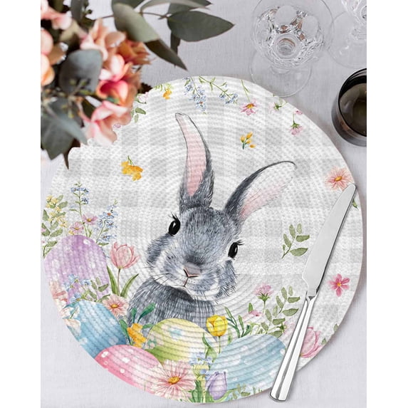 13 Inch Round Placemats Set of 6, Easter Non Slip Heat Insulation PP Table Mats, Spring Rabbit Eggs Flowers Leaves Grey Plaid Washable Place Mats for Kitchen Dining Party Table Decor