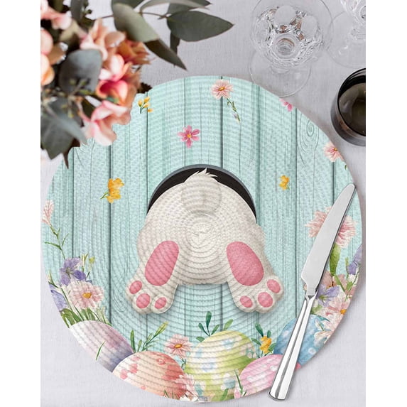 13 Inch Round Placemats Set of 6, Easter Non Slip Heat Insulation PP Table Mats, Spring Rabbit Feet Eggs Flower Green Wooden Grain Washable Place Mats for Kitchen Dining Party Table Decor