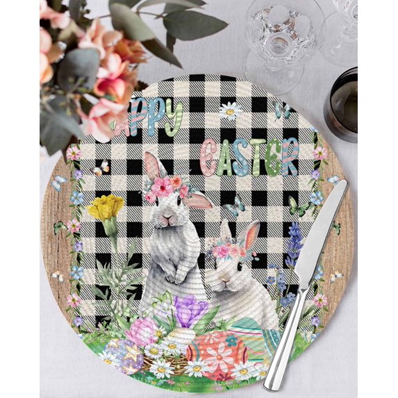 13 Inch Round Placemats Set of 6, Easter Non Slip Heat Insulation PP Table Mats, Spring Rabbit Flowers Colorful Eggs Black Lattice Washable Place Mats for Kitchen Dining Party Table Decor