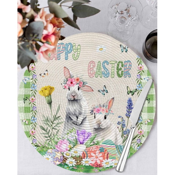 13 Inch Round Placemats Set of 6, Easter Non Slip Heat Insulation PP Table Mats, Spring Rustic Rabbit Botanical Flowers Eggs Plaid Washable Place Mats for Kitchen Dining Party Table Decor