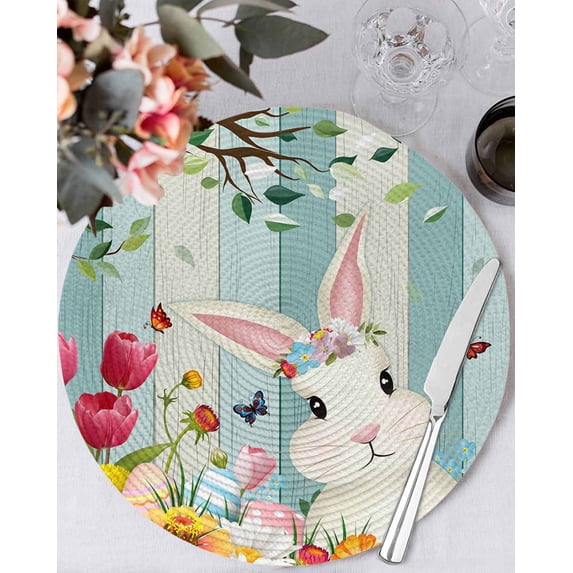 13 Inch Round Placemats Set of 6, Easter Non Slip Heat Insulation PP Table Mats, Spring Watercolor Bunny Eggs Tulip Wooden Grain Washable Place Mats for Kitchen Dining Party Table Decor