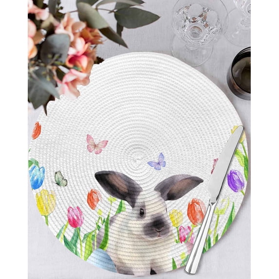 13 Inch Round Placemats Set of 6, Easter Non Slip Heat Insulation PP Table Mats, Spring Watercolor Flowers Bunny Butterfly Eggs Washable Place Mats for Kitchen Dining Party Table Decor