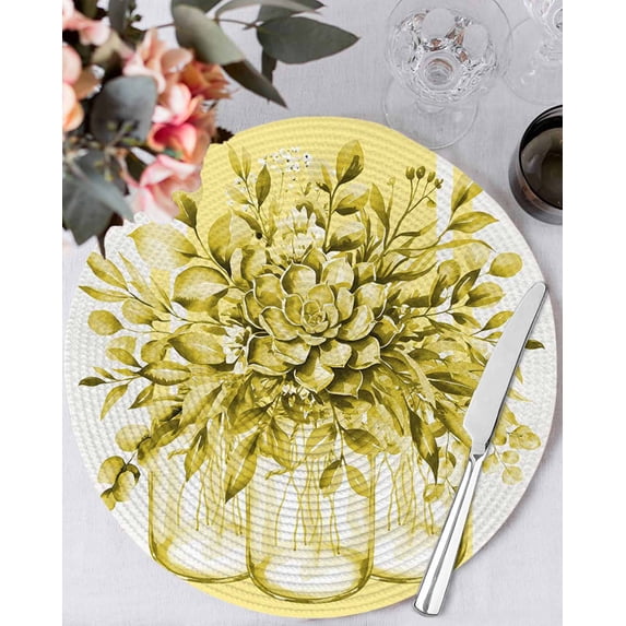 13 Inch Round Placemats Set of 6, Eucalyptus Yellow Non Slip Heat Insulation PP Table Mats, Vintage Bottle Succulents Flower Stripe Washable Place Mats for Kitchen Dining Party Table Decor