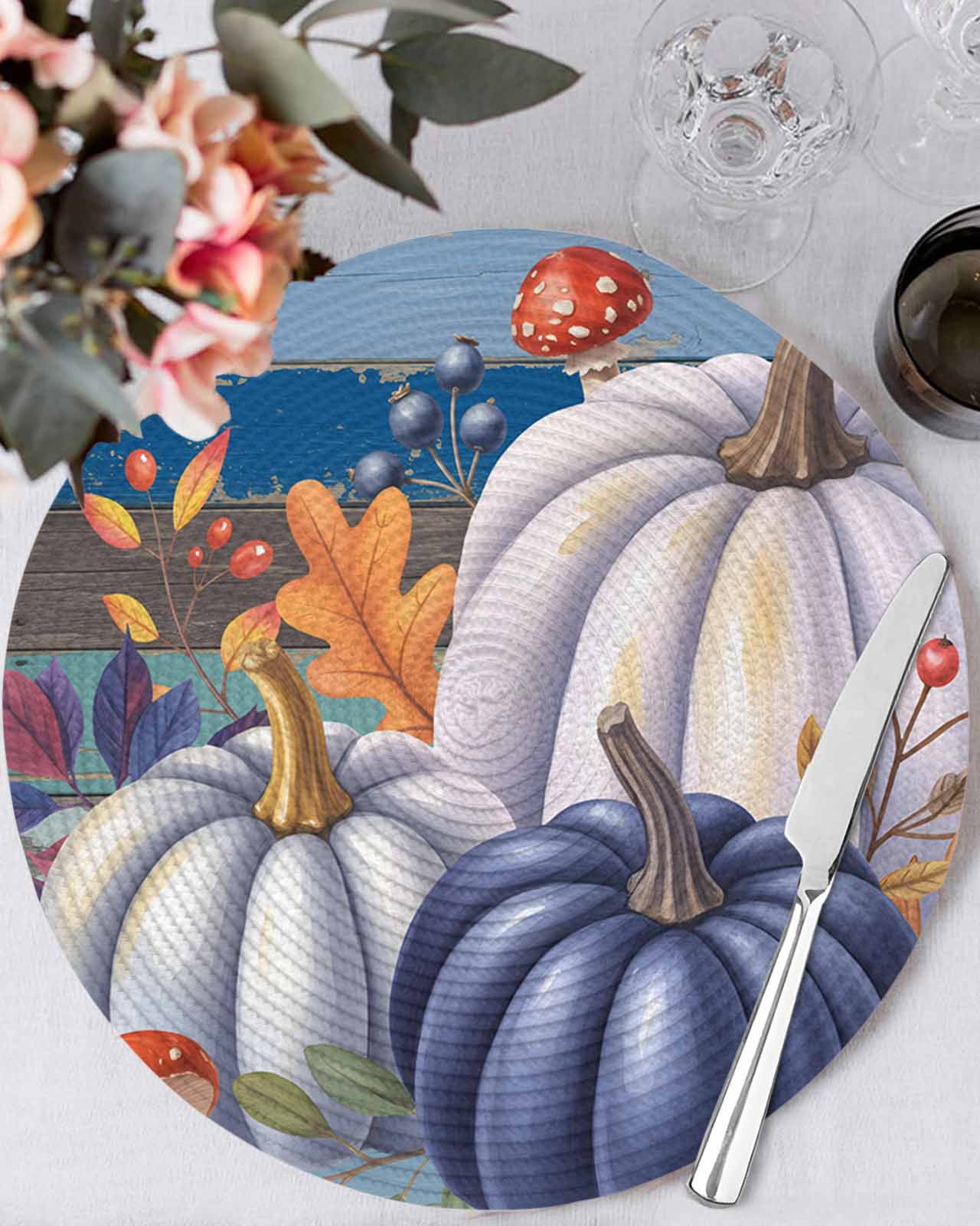 13 Inch Round Placemats Set of 6, Fall Blue Non Slip Heat Insulation PP ...