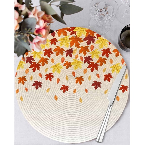 13 Inch Round Placemats Set of 6, Fall Non Slip Heat Insulation PP Table Mats, Gold Red Maple Leaf Thanksgiving Autumn Farmhouse Washable Place Mats for Kitchen Dining Party Table Decor