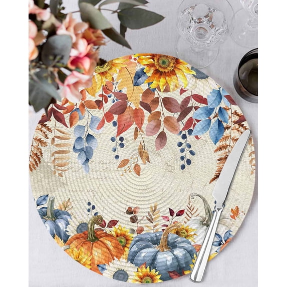 13 Inch Round Placemats Set of 6, Fall Orange Blue Pumpkin Non Slip ...