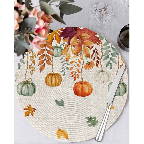 13 Inch Round Placemats Set of 6, Fall Orange Green Pumpkins Non Slip Heat Insulation PP Table Mats, Thanksgiving Maple Leaf Rustic Washable Place Mats for Kitchen Dining Party Table Decor