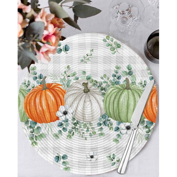 13 Inch Round Placemats Set of 6, Fall Pumpkin Non Slip Heat Insulation PP Table Mats, Orange Green White Thanksgiving Leaf Plaid Washable Place Mats for Kitchen Dining Party Table Decor