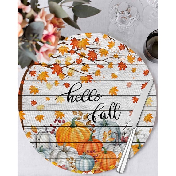 13 Inch Round Placemats Set of 6, Fall Pumpkin Non Slip Heat Insulation PP Table Mats, Orange White Thanksgiving Maple Leaf Washable Place Mats for Kitchen Dining Party Table Decor