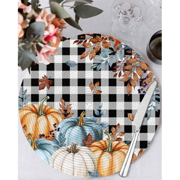 13 Inch Round Placemats Set of 6, Fall Pumpkins Orange Blue Non Slip Heat Insulation PP Table Mats, Thanksgiving Botanical Plaid Washable Place Mats for Kitchen Dining Party Table Decor