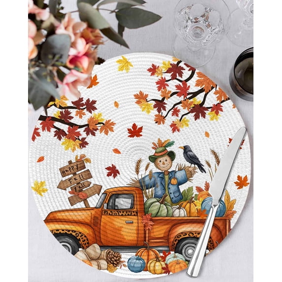 13 Inch Round Placemats Set of 6, Fall Scarecrows Non Slip Heat Insulation PP Table Mats, Thanksgiving Truck Pumpkin Maple Leaf Washable Place Mats for Kitchen Dining Party Table Decor