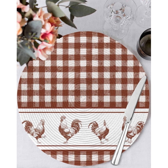 13 Inch Round Placemats Set of 6, Farmhouse Orange Plaid Non Slip Heat Insulation PP Table Mats, Vintage Country Cock Checkered Washable Place Mats for Kitchen Dining Party Table Decor