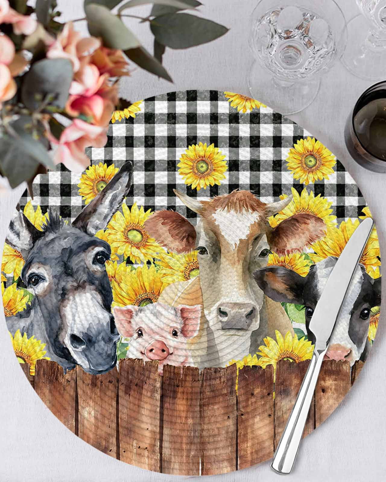 Pig Mat Table 13 Inch Round Placemats Set of 6, Farmhouse Pig Cow Wooden Non Slip ...