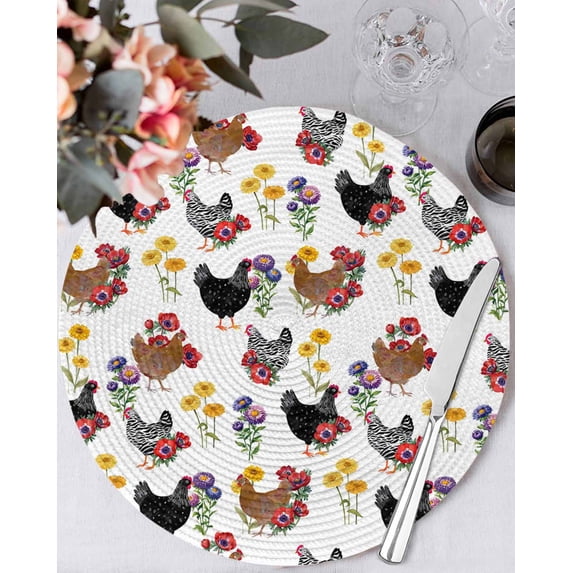 13 Inch Round Placemats Set of 6, Farmhouse Rooster Non Slip Heat Insulation PP Table Mats, Country Watercolor Flowers Wood Grain Washable Place Mats for Kitchen Dining Party Table Decor