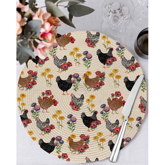 13 Inch Round Placemats Set of 6, Farmhouse Rooster Non Slip Heat Insulation PP Table Mats, Vintage Watercolor Flowers Beige Washable Place Mats for Kitchen Dining Party Table Decor