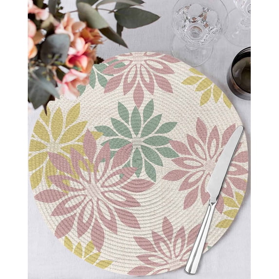 13 Inch Round Placemats Set of 6, Geometric Flower Non Slip Heat Insulation PP Table Mats, Vintage Country Floral Pink Green on Linen Washable Place Mats for Kitchen Dining Party Table Decor
