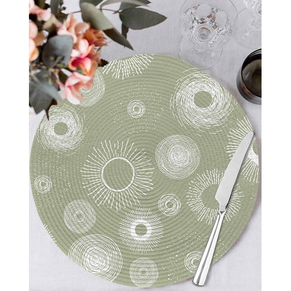 13 Inch Round Placemats Set of 6, Geometric Non Slip Heat Insulation PP Table Mats, Abstract Sage Green White Boho Circle Dot Washable Place Mats for Kitchen Dining Party Table Decor