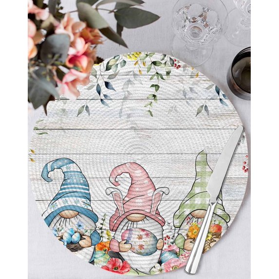 13 Inch Round Placemats Set of 6, Gnomes Easter Non Slip Heat Insulation PP Table Mats, Eucalyptus Spring Floral Eggs Leaves Wooden Washable Place Mats for Kitchen Dining Party Table Decor