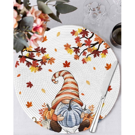 13 Inch Round Placemats Set of 6, Gnomes Pumpkin Fall Non Slip Heat Insulation PP Table Mats, Thanksgiving Branches Maple Leaf Washable Place Mats for Kitchen Dining Party Table Decor