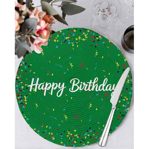 13 Inch Round Placemats Set of 6, Grass Green Birthday Non Slip Heat Insulation PP Table Mats, Colorful Confetti Ribbons Polka Dots Classroom Washable Place Mats for Kitchen Dining Party Table Decor