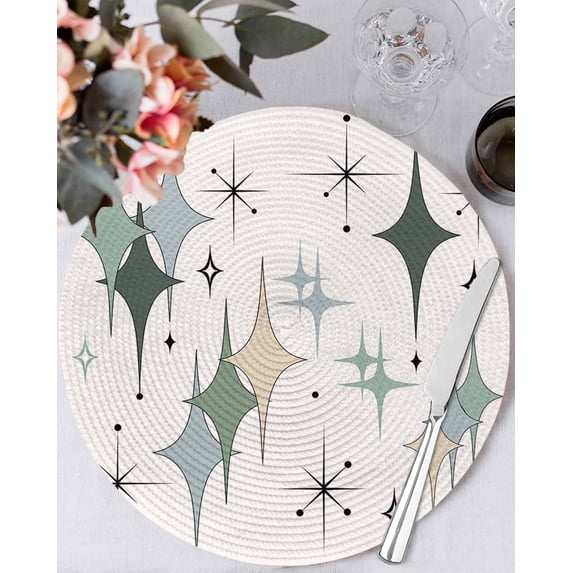 13 Inch Round Placemats Set of 6, Green Beige Diamond Non Slip Heat Insulation PP Table Mats, Modern Geometric Middle Century Pink Washable Place Mats for Kitchen Dining Party Table Decor