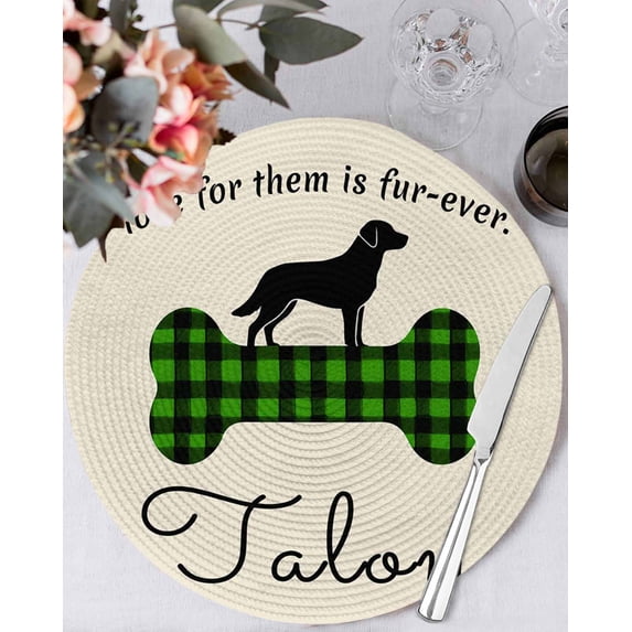 13 Inch Round Placemats Set of 6, Green Black Buffalo Checkered Non Slip Heat Insulation PP Table Mats, Bones Cute Dogs Pets Washable Place Mats for Kitchen Dining Party Table Decor