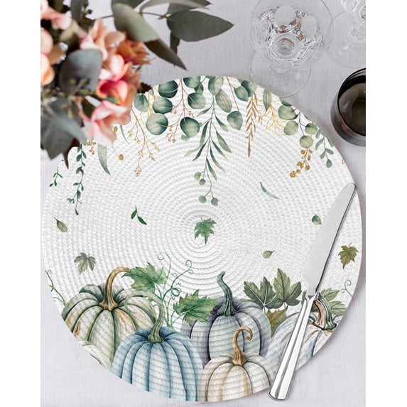 13 Inch Round Placemats Set of 6, Green Blue Pumpkins Fall Non Slip Heat Insulation PP Table Mats, Thanksgiving Eucalyptus Leaves Washable Place Mats for Kitchen Dining Party Table Decor
