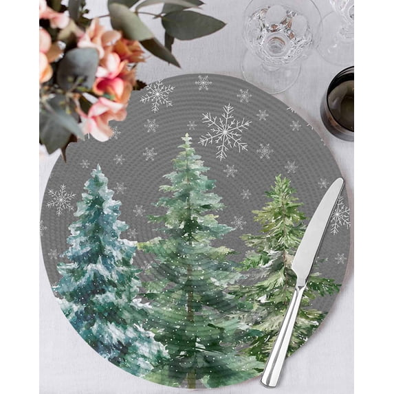 13 Inch Round Placemats Set of 6, Green Christmas Tree Non Slip Heat Insulation PP Table Mats, Winter Snowflakes Grey Watercolor Pine Washable Place Mats for Kitchen Dining Party Table Decor